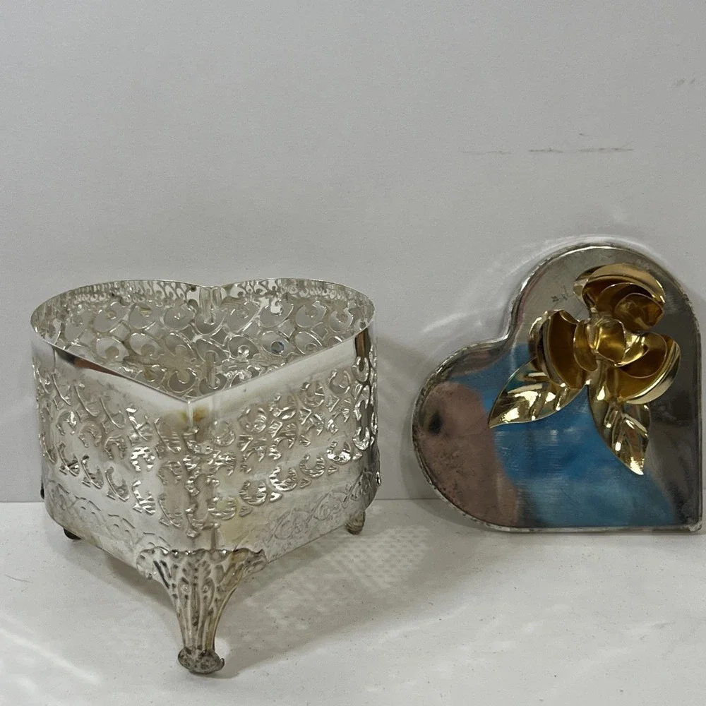 Heart and Rose Silver Plated Trinket Ring Jewelry Box, Filigree Silver Tone Mesh